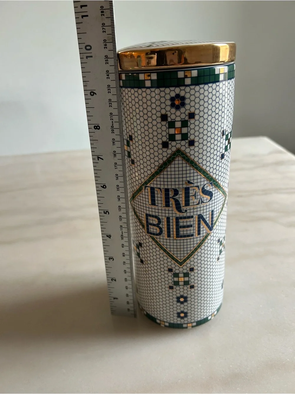 Anthropologie Mosaic 'Trés Bien' French Bistro Tile Canister Jar with Gold Lid